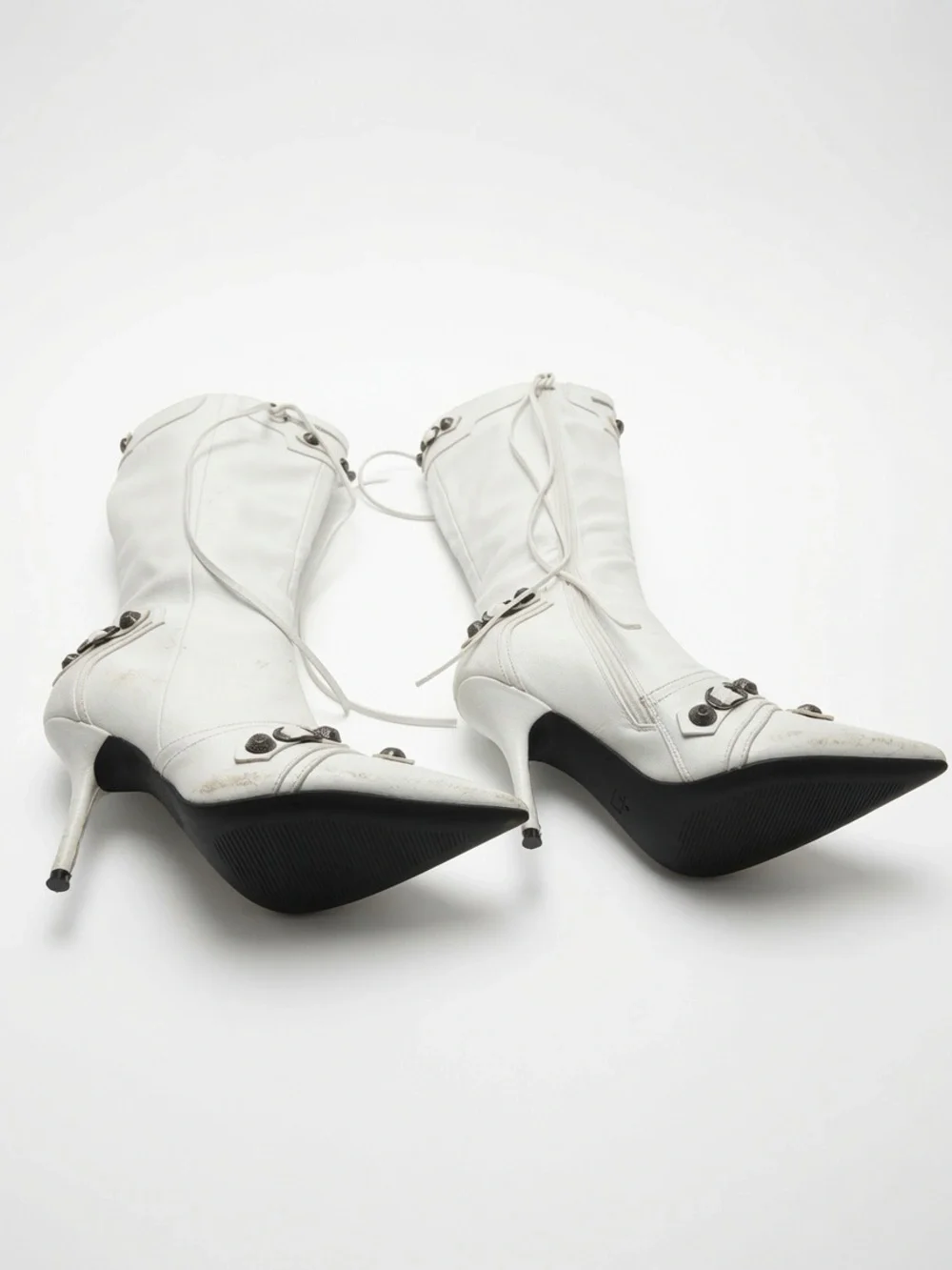 White Moto Punk Knee High Heeled Boots NWOT